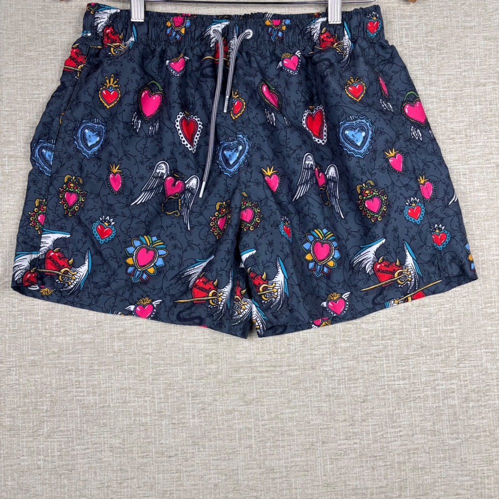 Boardies Mens Goth Tattoo Heart Print Swim Trunks Grey Pink Blue Small